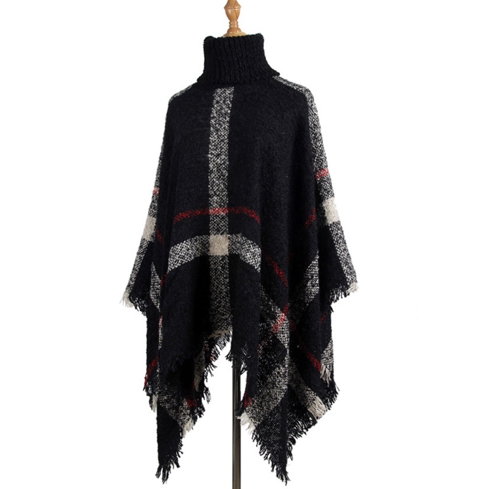 Black Plaid Turtleneck Poncho Cape - Picture 5 of 8